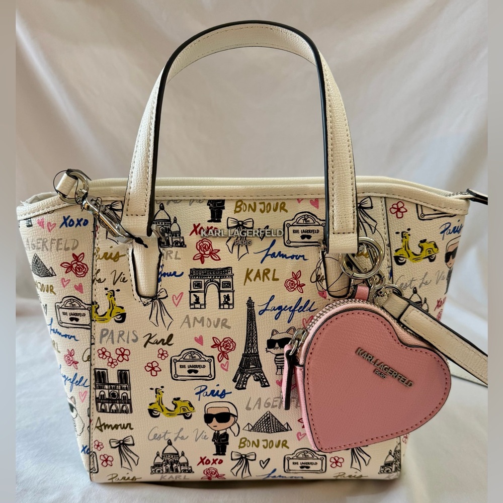 NWT Karl Lagerfeld White Paris Print Tote with Pink Heart Pouch